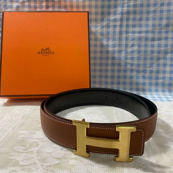 Hermes Brown Leather Belt with Gold H Buckle - Picture 1 of 6